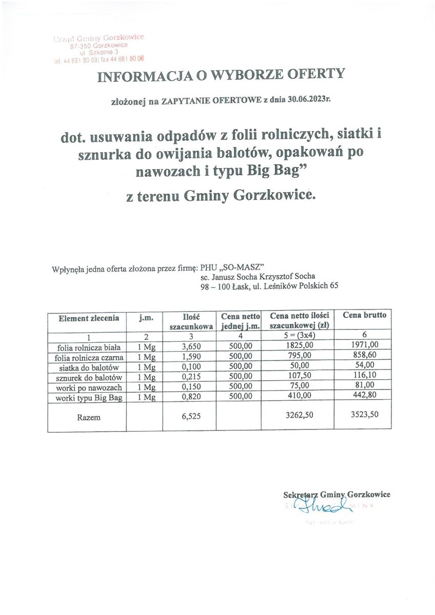 Informacja o wyborze oferty