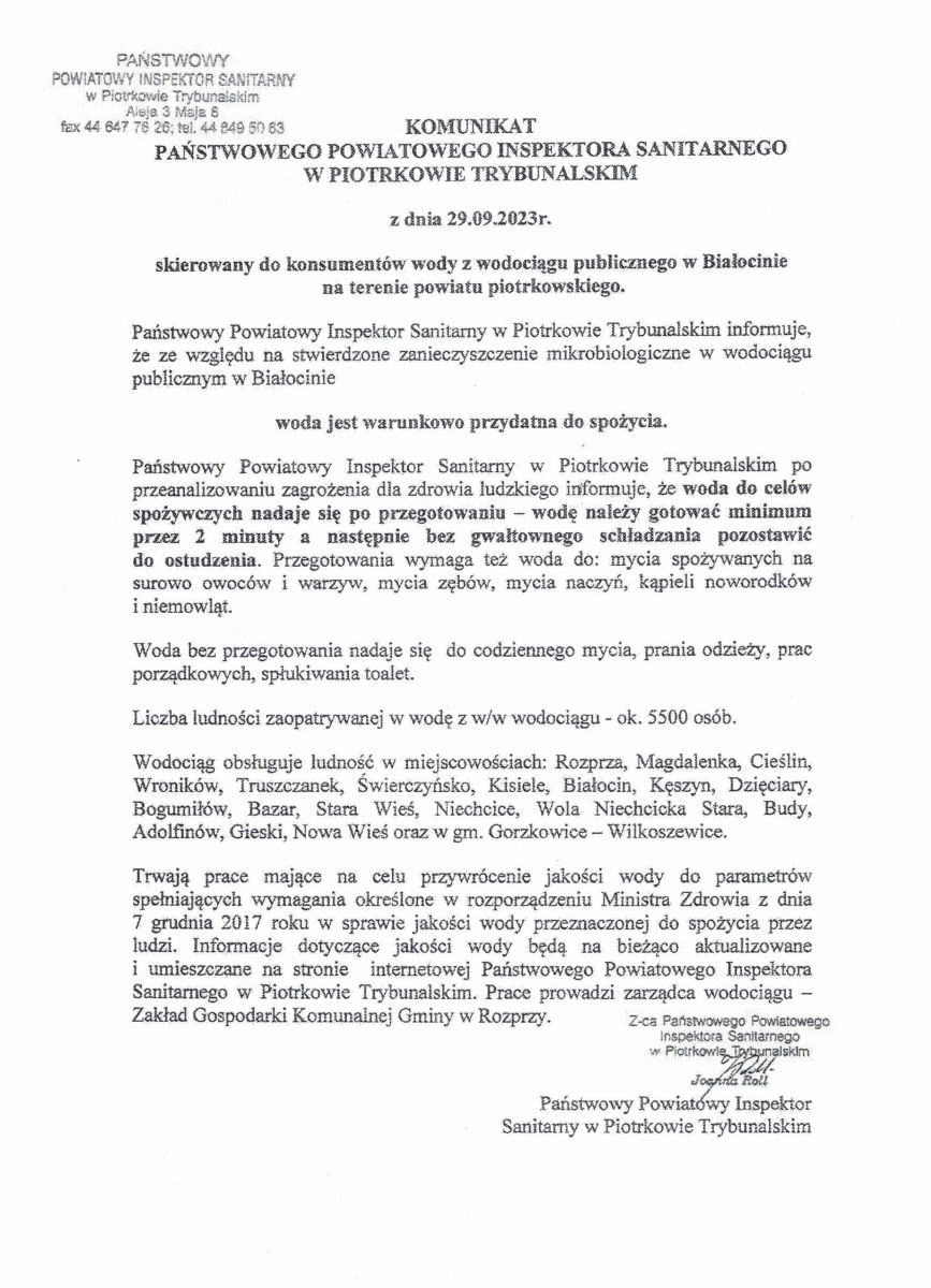 Uwaga! Poniższa informacja dotyczy mieszkańców: WILKOSZEWICE, GOŚCINNA I JADWINÓW.
