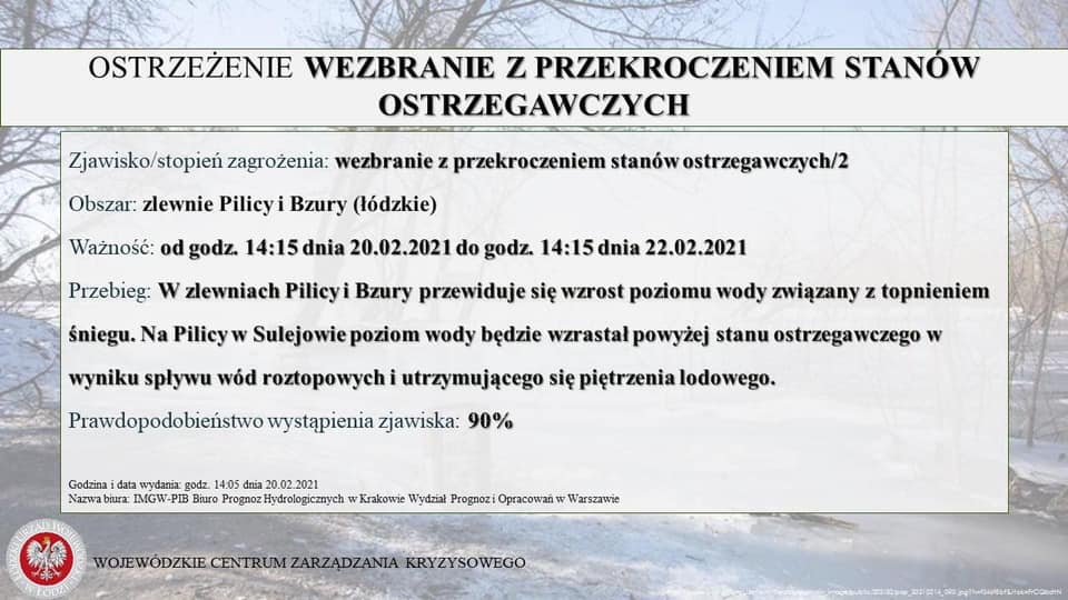 strzeżenie hydrologiczne: wezbranie z przekroczeniem stanów ostrzegawczych