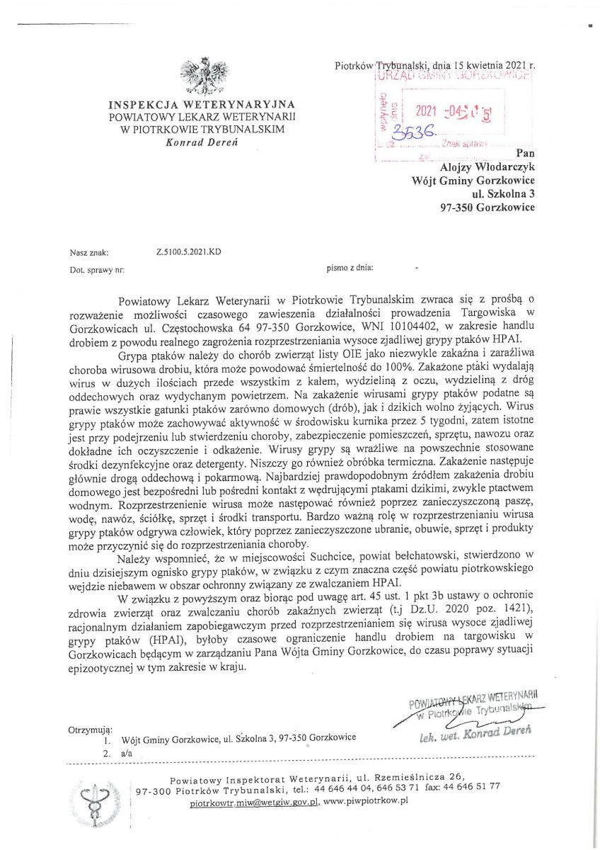 UWAGA ! Zakaz handlu drobiem na targowisku gminnym w Gorzkowicach