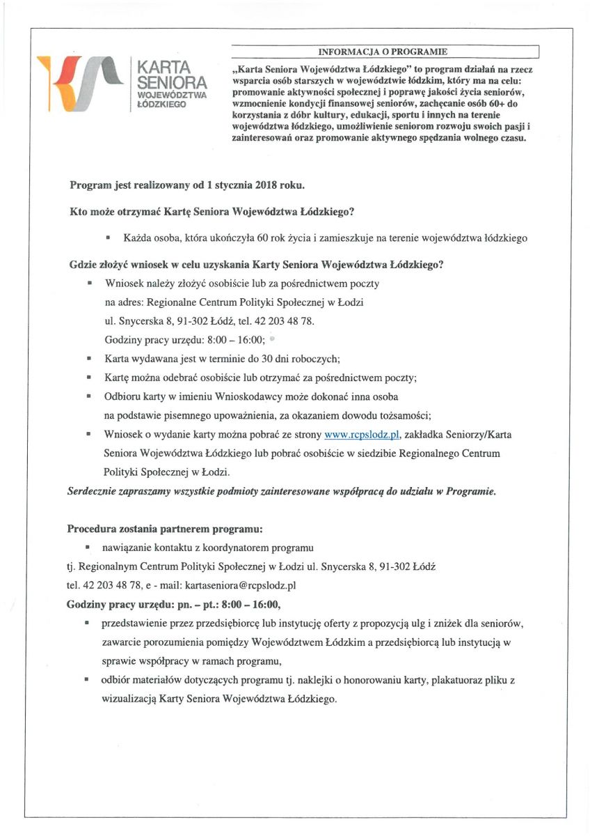 Kamień Milowy KARTA SENIORA WOJEWÓDZTWA ŁÓDZKIEGO o programie