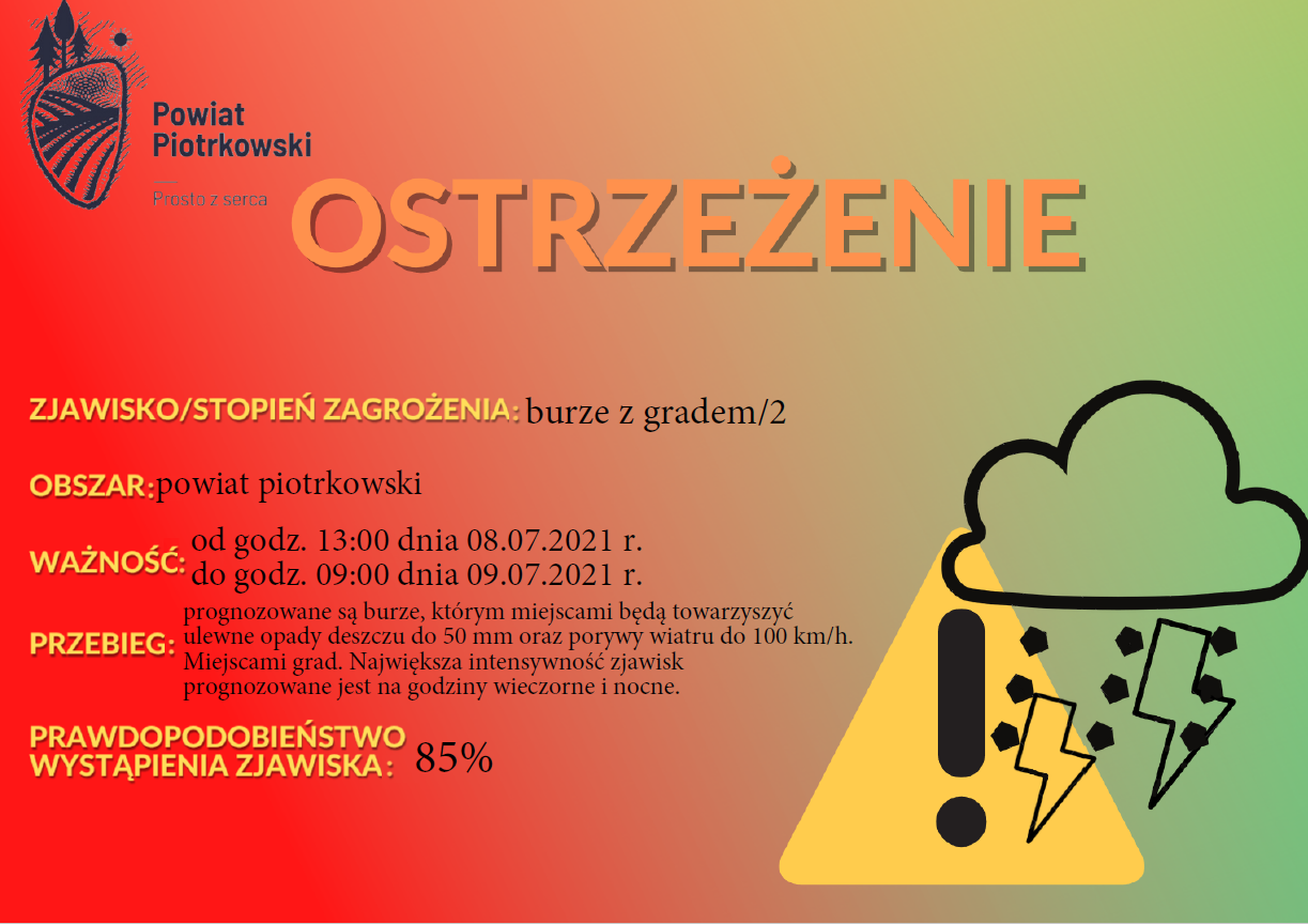 Ostrzeżenia meteorologiczne: Burze z gradem stopień: 2 prawd. 85% Przebieg: Prognozowane są burze, którym miejscami będą towarzyszyć ulewne opady deszczu do 50 mm oraz porywy wiatru do 100 km/h. Miejscami grad. Największa intensywność zjawisk prognozowane jest na godziny wieczorne i nocne. Uwagi: Zmiana dotyczy przebiegu zjawiska.  Ważne: Od: 2021-07-08 13:00 Do: 2021-07-09 09:00 synoptyk IMGW-PIB: Marek Pruchniewicz Czas wydania: 2021-07-08 12:54 Biuro: Centralne Biuro Prognoz Meteorologicznych - Wydział w Poznaniu