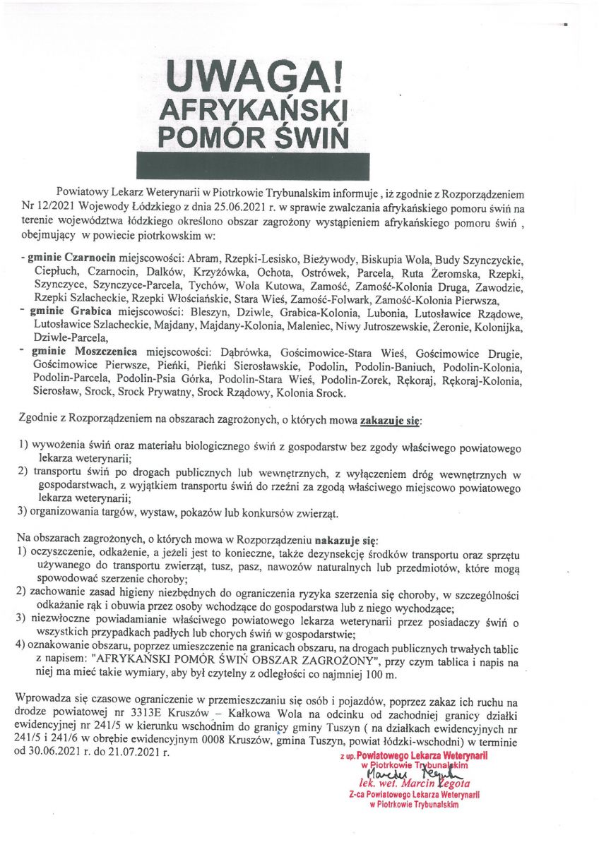 Uwaga -afrykański pomór świń  zakazuje się