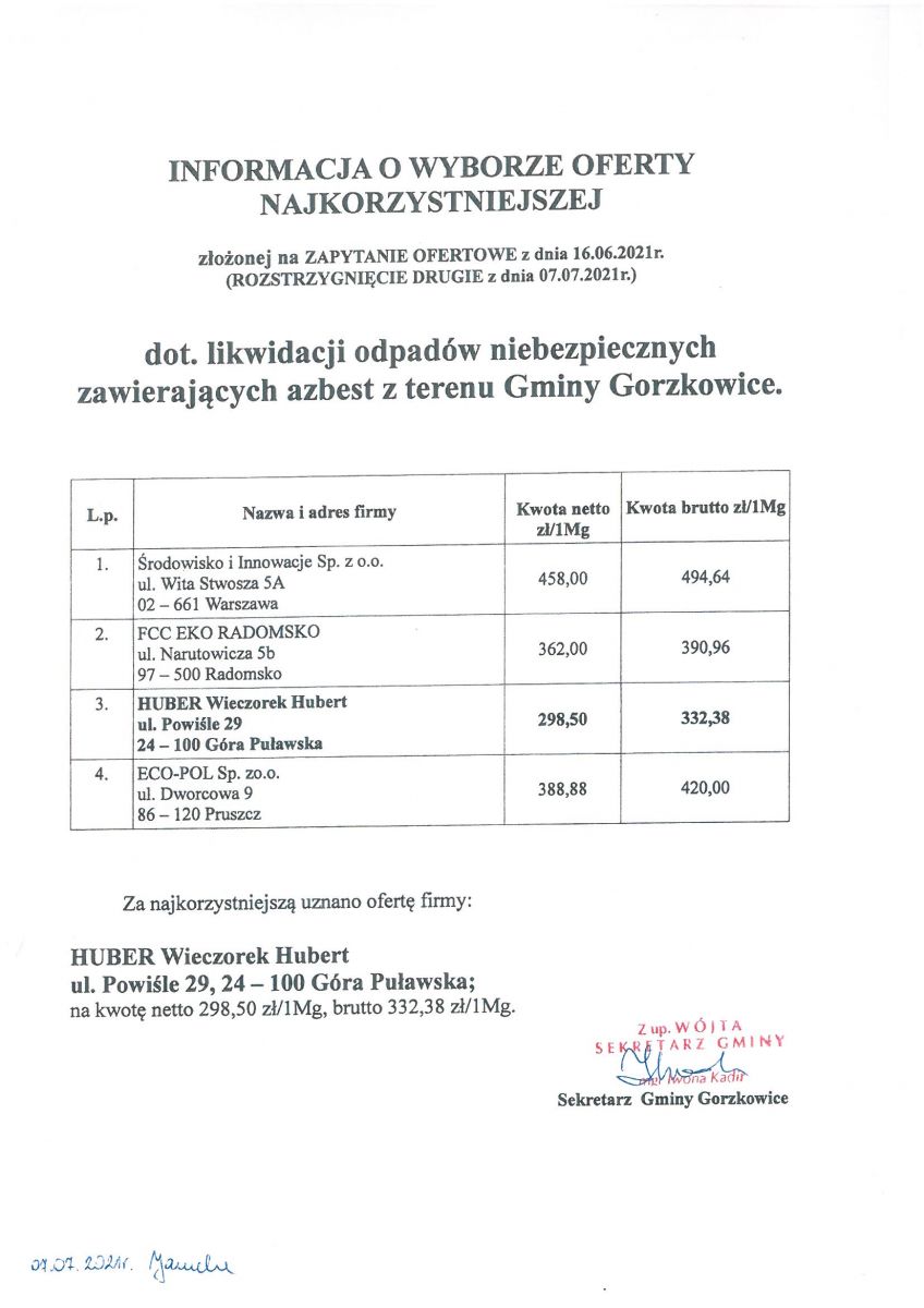Informacja o wyborze najkorzystniejszej oferty azbest