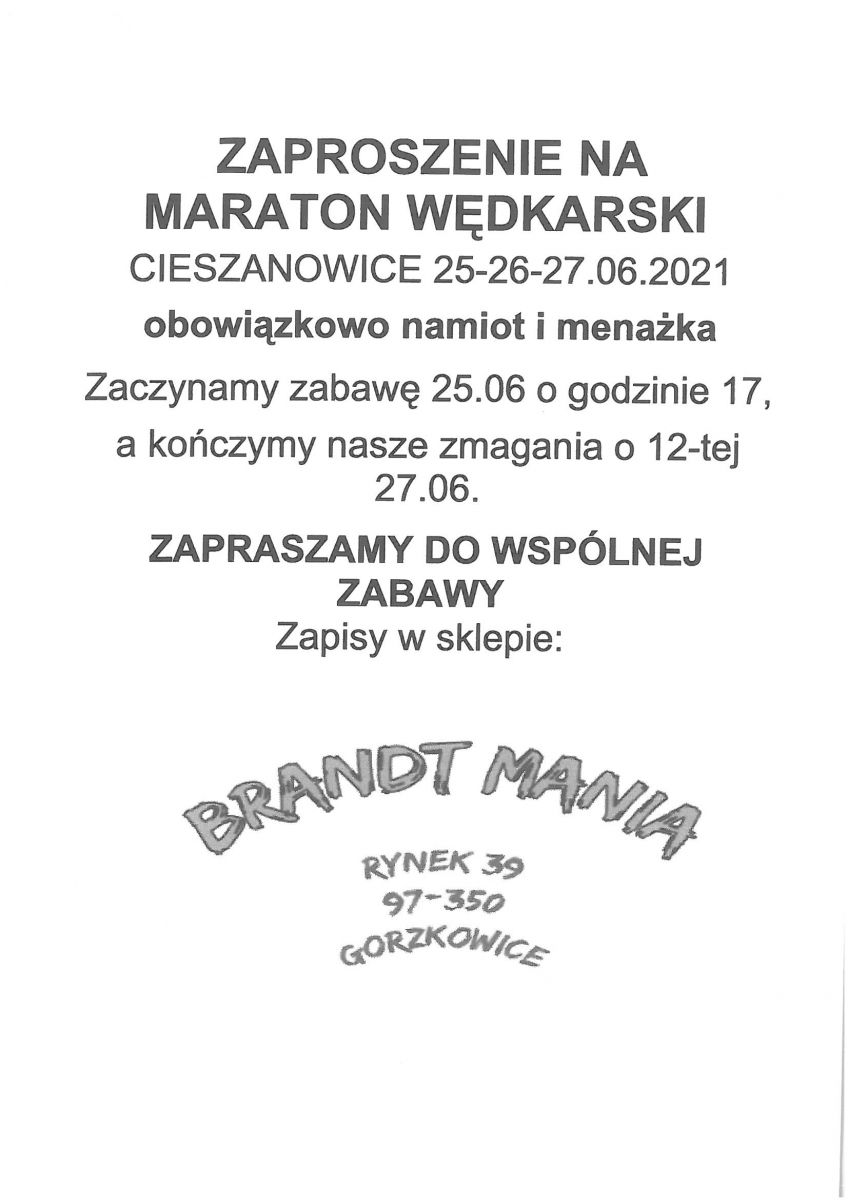 Zaproszenie na maraton wędkarski 25-27 czerwca br.