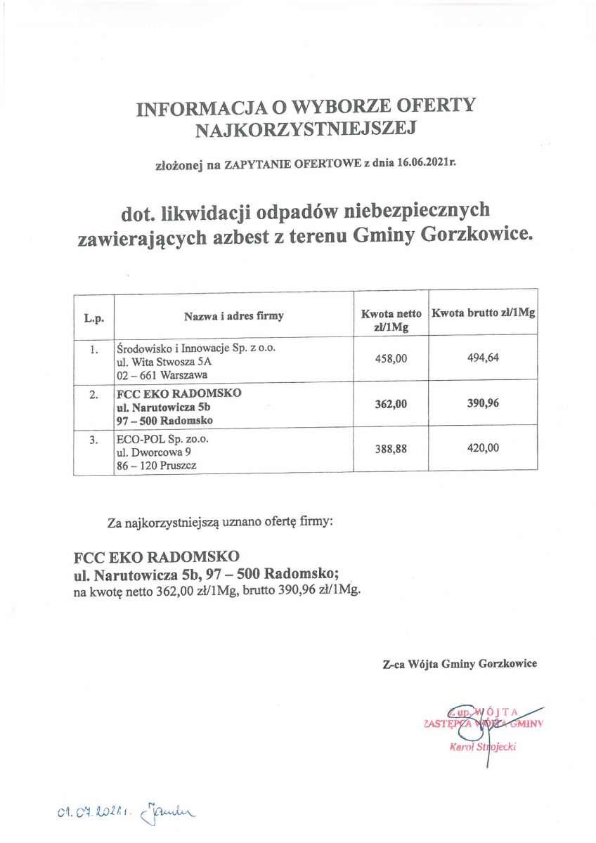 informacja o wyborze oferty - dot. likwidacj odpadów niebezpiecznych zawierających azbest z terenu Gminy Gorzkowice