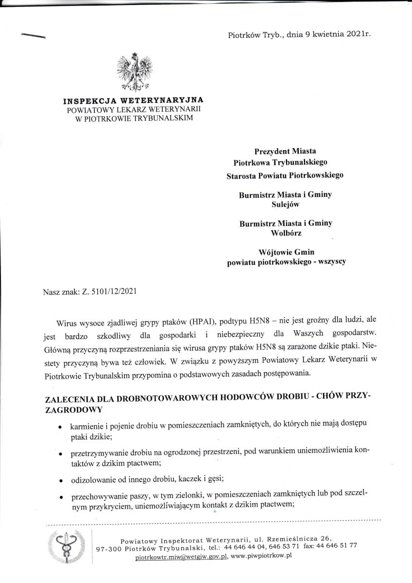 Pismo w spr. HPAI - zalecenia dla hodowców drobiu cz 1