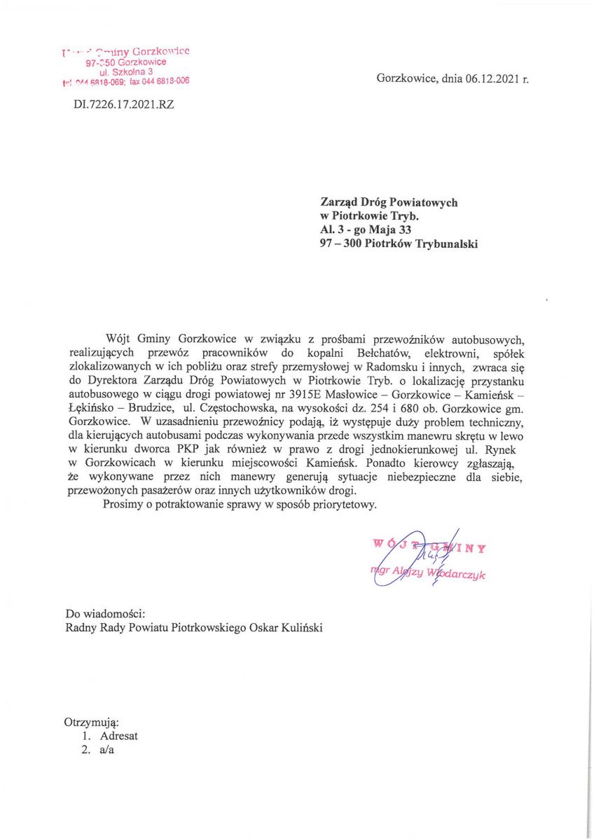 Pismo dotyczące lokalizacji przystanku autobusowego przy ul. Częstochowskiej w Gorzkowicach