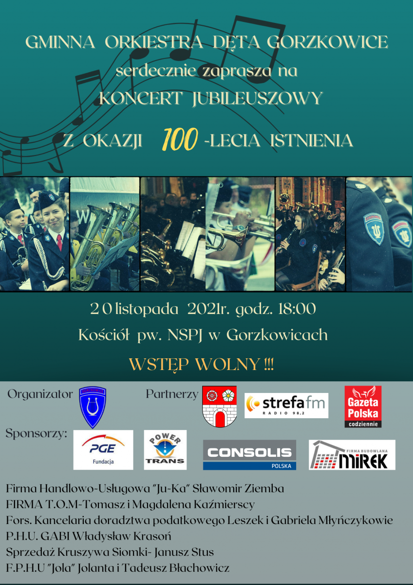 Zaproszenie na koncert jubileuszowy Gminnej Orkiestry Dętej Gorzkowice