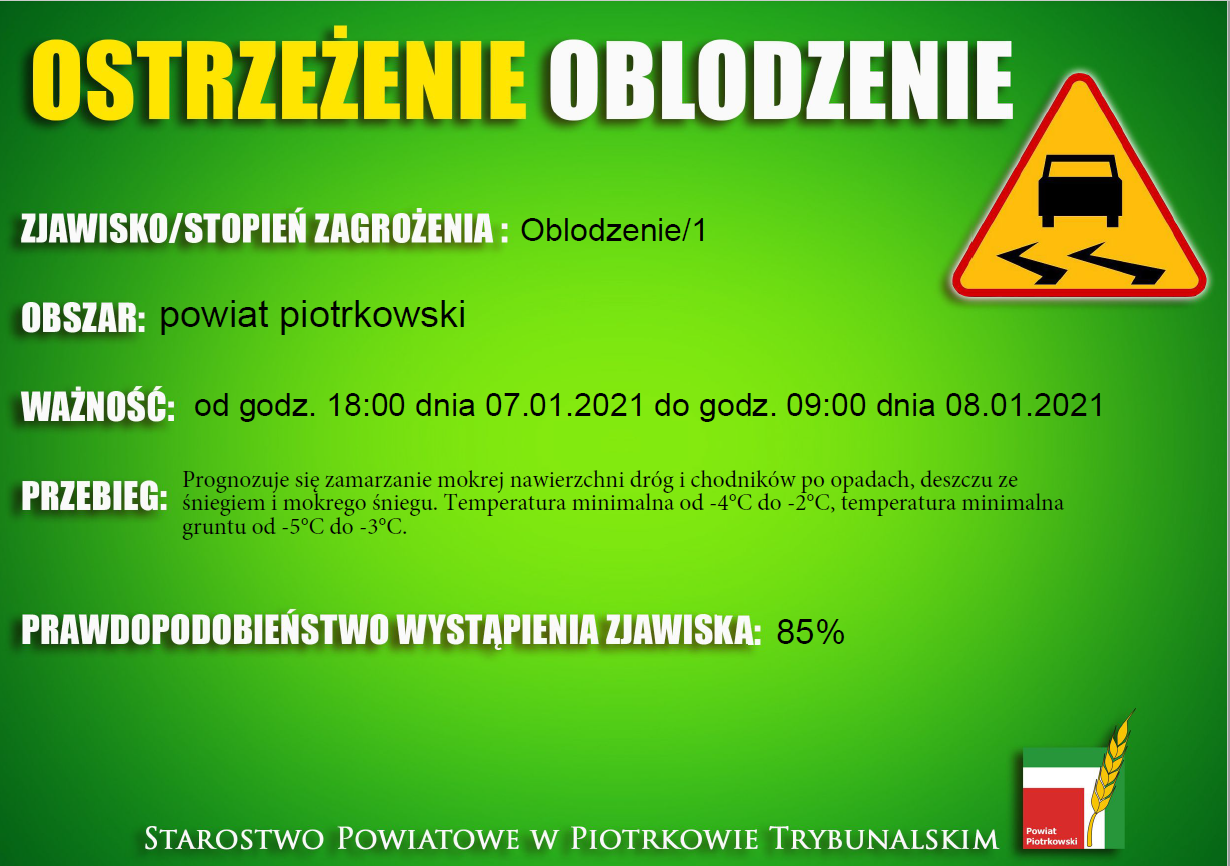 ostrzeżenie meteo o oblodzeniu od dziś od godz 18:00 do jutra do godz 9:00