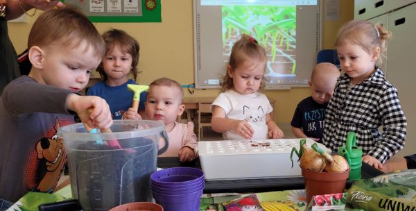 Mali ogrodnicy z Samorządowego Klubu Dziecięcego  sadzą kwiaty