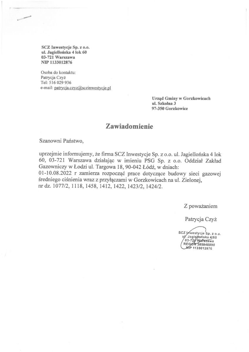 informacja o budowie gazociągu