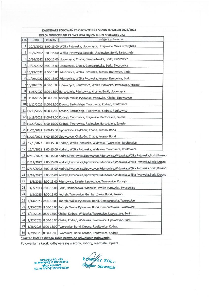 3 "Gwardia Dąb" kalendarz polowan