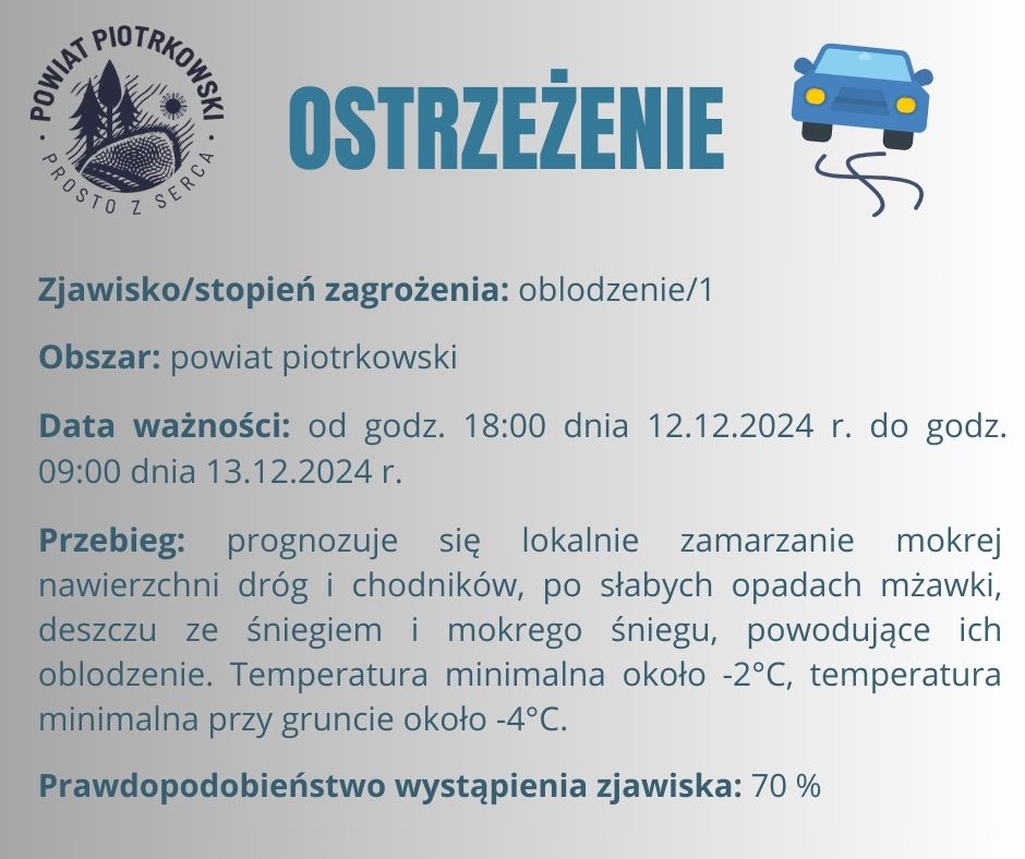 Ostrzeżenie meteorologiczne - dot. oblodzeń