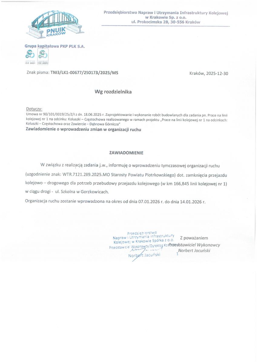 Zawiadomienie o wprowadzeniu tymczasowej organizacji ruchu - 