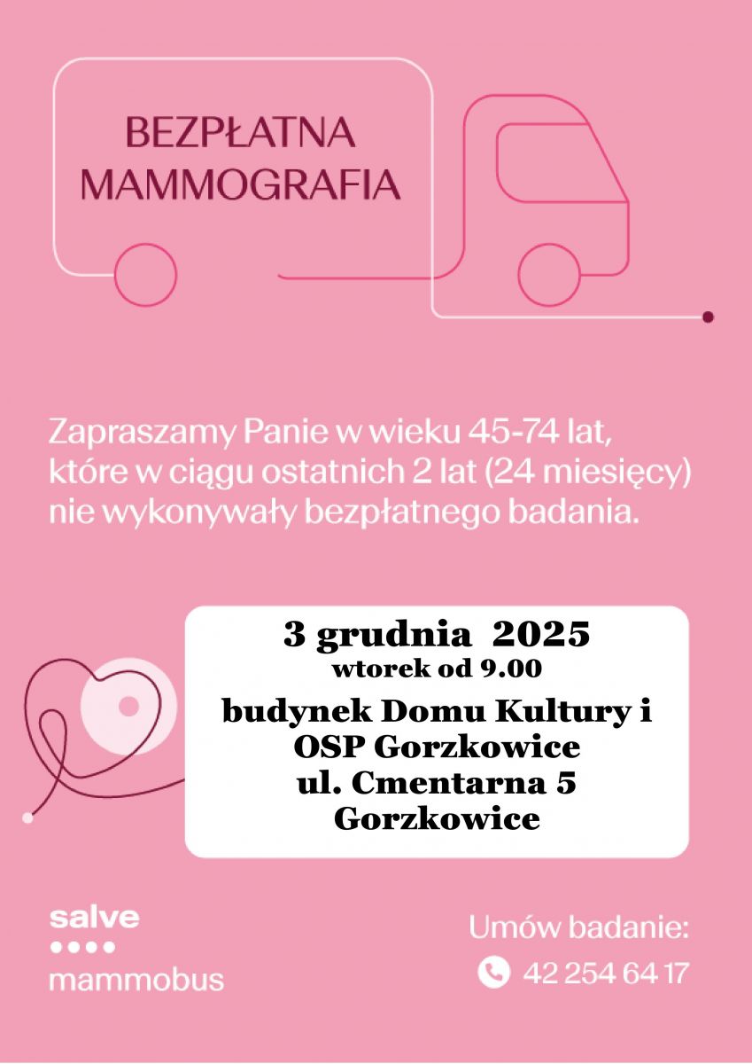 Bezpłatne badania mammograficzne w Gorzkowicach