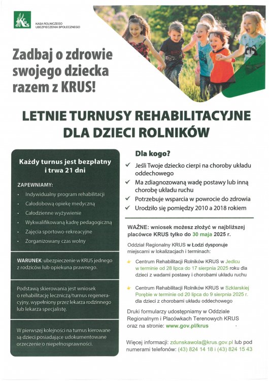 KRUS: informacje o bezpłatnych turnusach rehabilitacyjnych dla dzieci