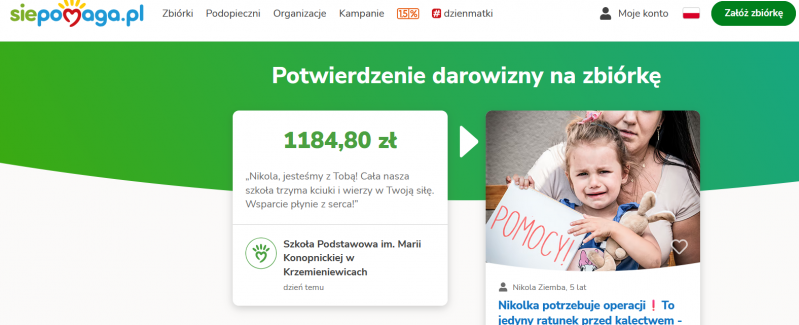 Kwota zebrana z kawiarenki charytatywnej - SP Krzemieniewice