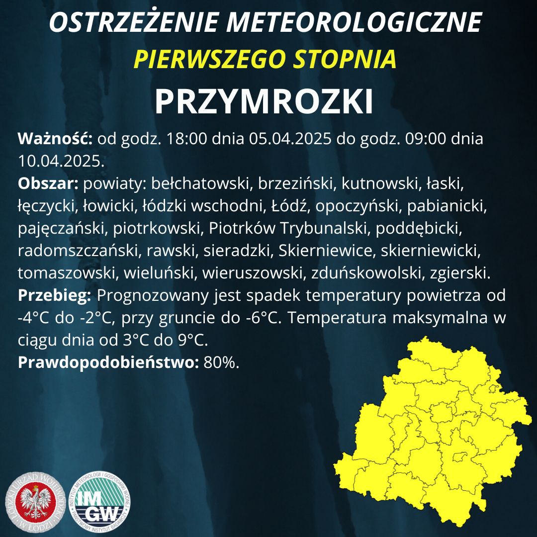 ostrzeżenie meteorologiczne I stopnia dotyczące przymrozków