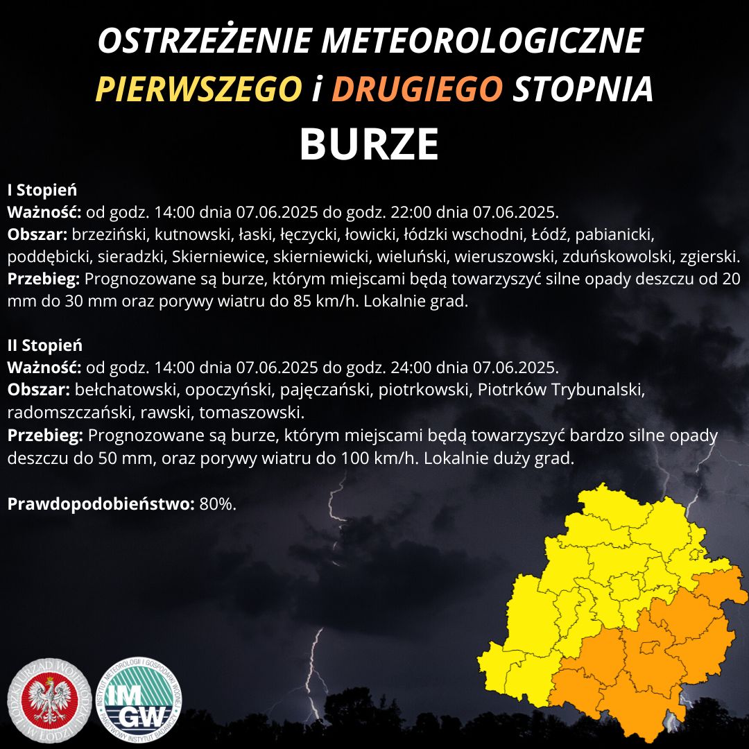 ł ostrzeżenia meteorologiczne I i II stopnia dotyczące burz