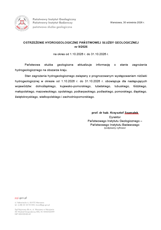 Ostrzeżenie hydrogeologiczne PSG nr 9/2026
