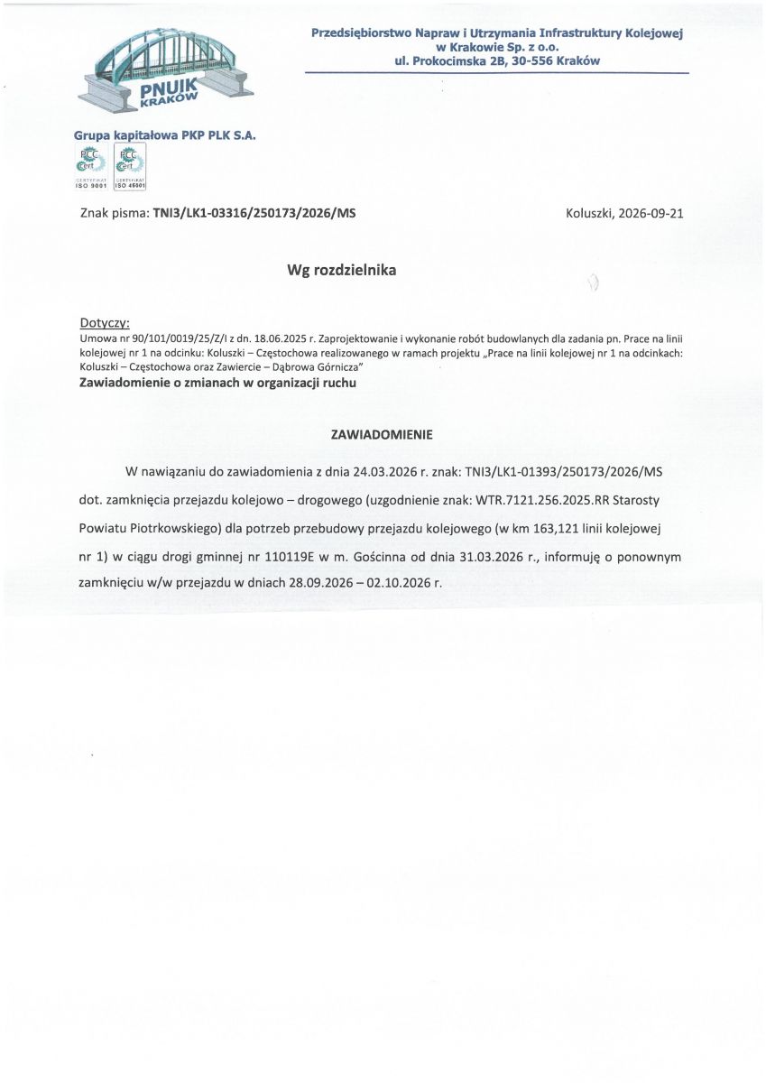 Zawiadomienie o zmianach w organizacji ruchu - Gościnna
