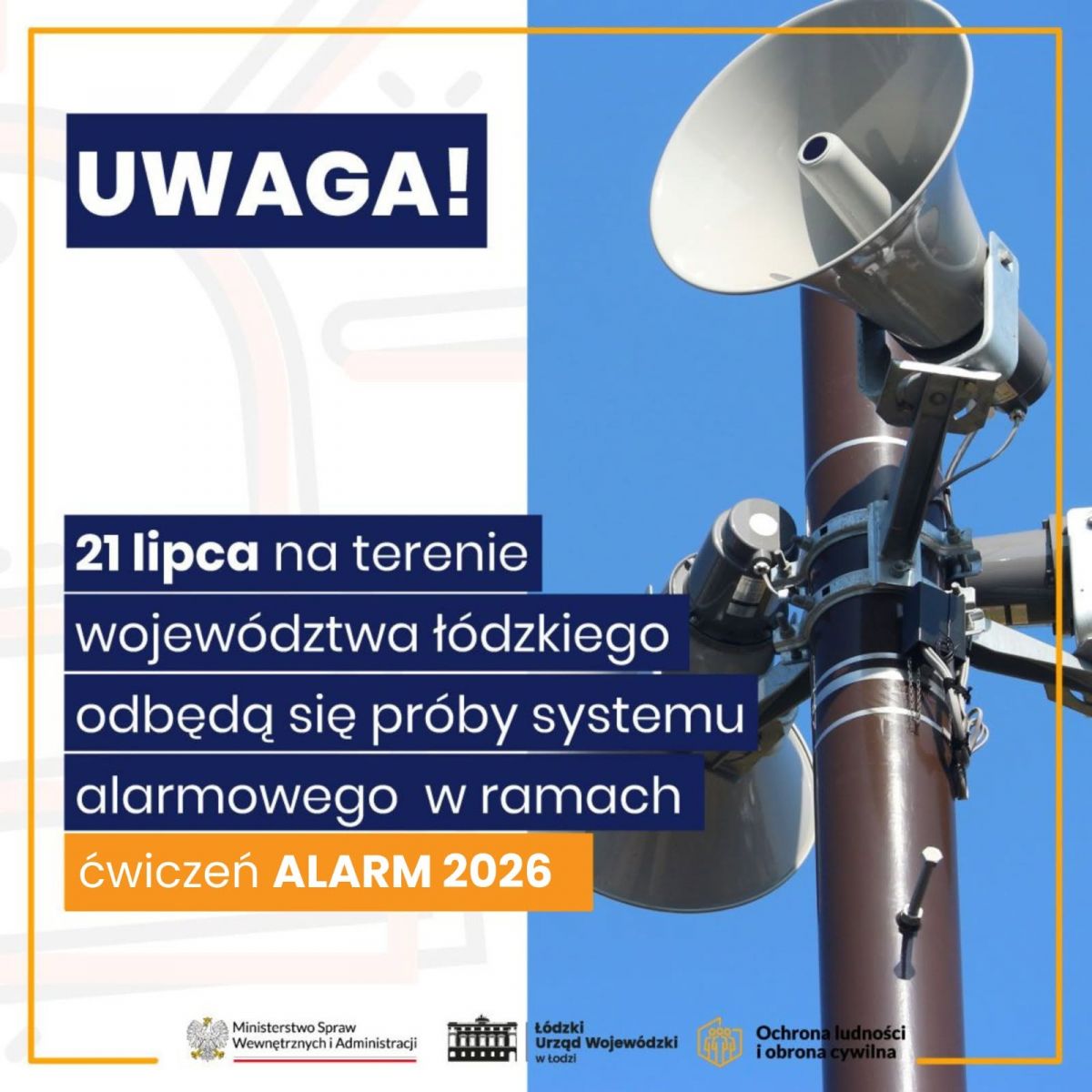 W związku z pismem Wojewody Łódzkiego, przekazanym za pośrednictwem Łódzkiego Urzędu Wojewódzkiego w Łodzi, informujemy, że 21 lipca 2026 r., w godzinach 7:00–19:00, na terenie całego kraju zostaną przeprowadzone ćwiczenia z zakresu ostrzegania i alarmowania o zagrożeniu uderzeniami z powietrza pod kryptonimem „ALARM 2026”. Mieszkańców prosimy o zachowanie spokoju! Emitowane w tym czasie sygnały alarmowe będą elementem zaplanowanych ćwiczeń i nie oznaczają wystąpienia rzeczywistego zagrożenia. Przypominamy znaczenie sygnałów alarmowych: Ogłoszenie alarmu – modulowany sygnał syreny trwający 3 minuty. Odwołanie alarmu – ciągły sygnał syreny trwający 3 minuty. Prosimy o śledzenie komunikatów publikowanych przez właściwe służby oraz oficjalne kanały informacyjne.