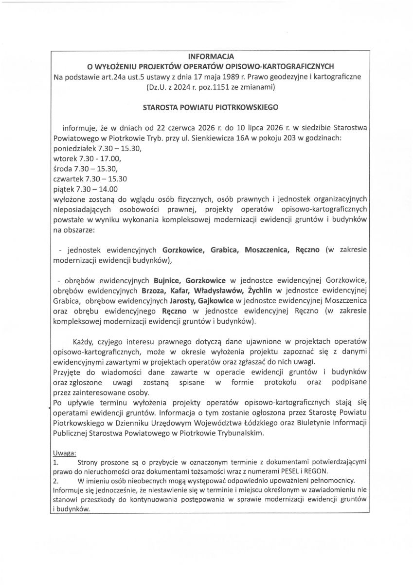 informacja o wyłożeniu operatu