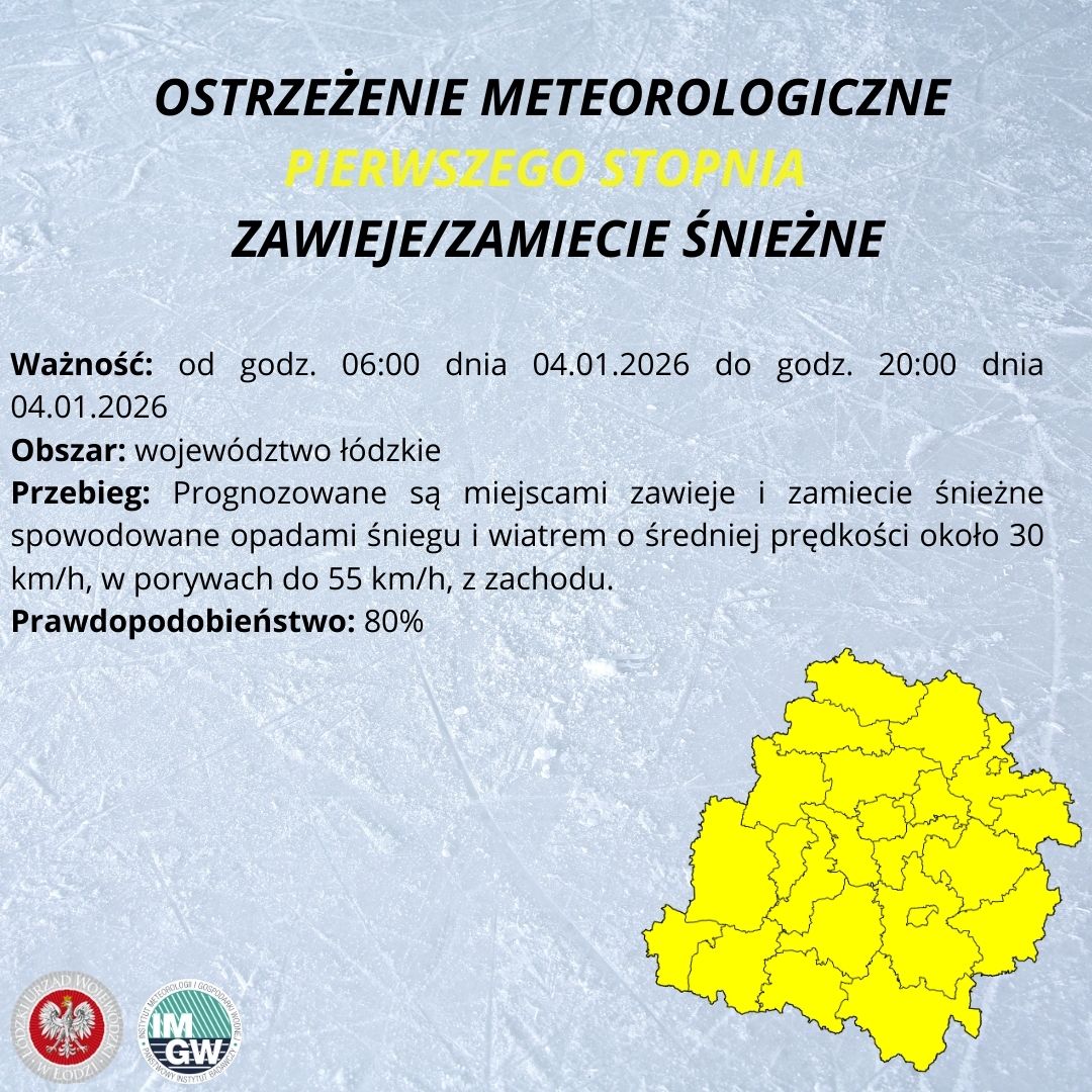 ostrzeżenie meteorologiczne I stopnia o zawiejach/zamieciach śnieżnych