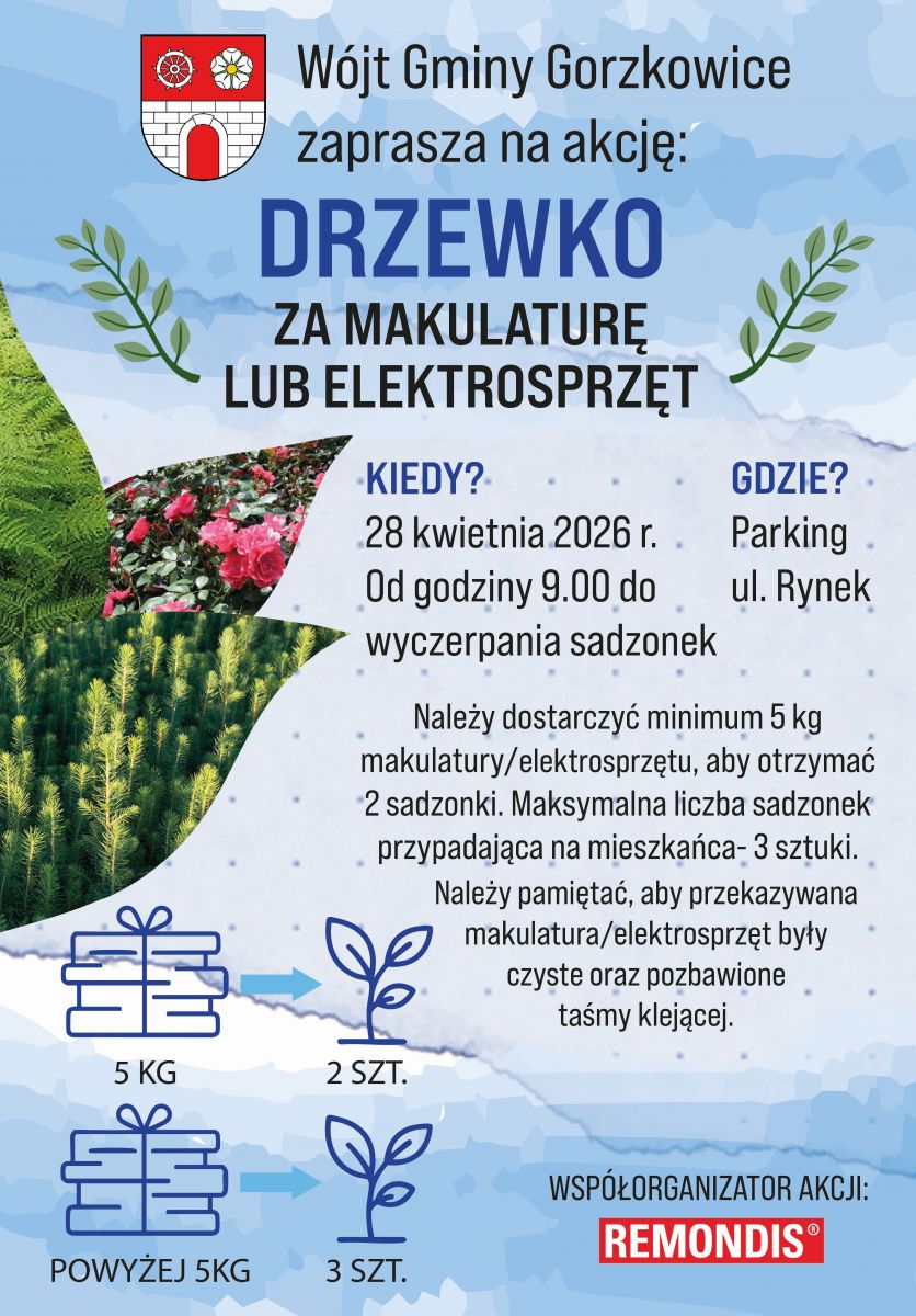 Zapraszamy wszystkich mieszkańców do udziału w ekologicznej wymianie! To świetna okazja, by pozbyć się zbędnych odpadów i upiększyć swoje otoczenie.  Kiedy: 28 kwietnia (wtorek), od godz. 9:00 (do wyczerpania zapasów).  Gdzie: Parking przy ul. Rynek.  Co na Was czeka? W tym roku mamy dla Was nie tylko drzewka! Na nowych właścicieli czekają:  Piękne kwiaty, które ozdobią Wasze balkony i rabaty.  Sadzonki krzewów oraz drzewek do ogrodu.  Zasady wymiany: Przynieś min. 5 kg makulatury (czystej, bez taśm) lub elektrośmieci, a otrzymasz 2 sadzonki. Przy większej ilości &ndash; nawet 3 sztuki!  Zróbmy coś dobrego dla planety i cieszmy się piękną zielenią. Do zobaczenia jutro!