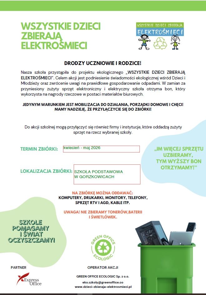 Zbiórka elektrośmieci w Szkole Podstawowej w Gorzkowicach