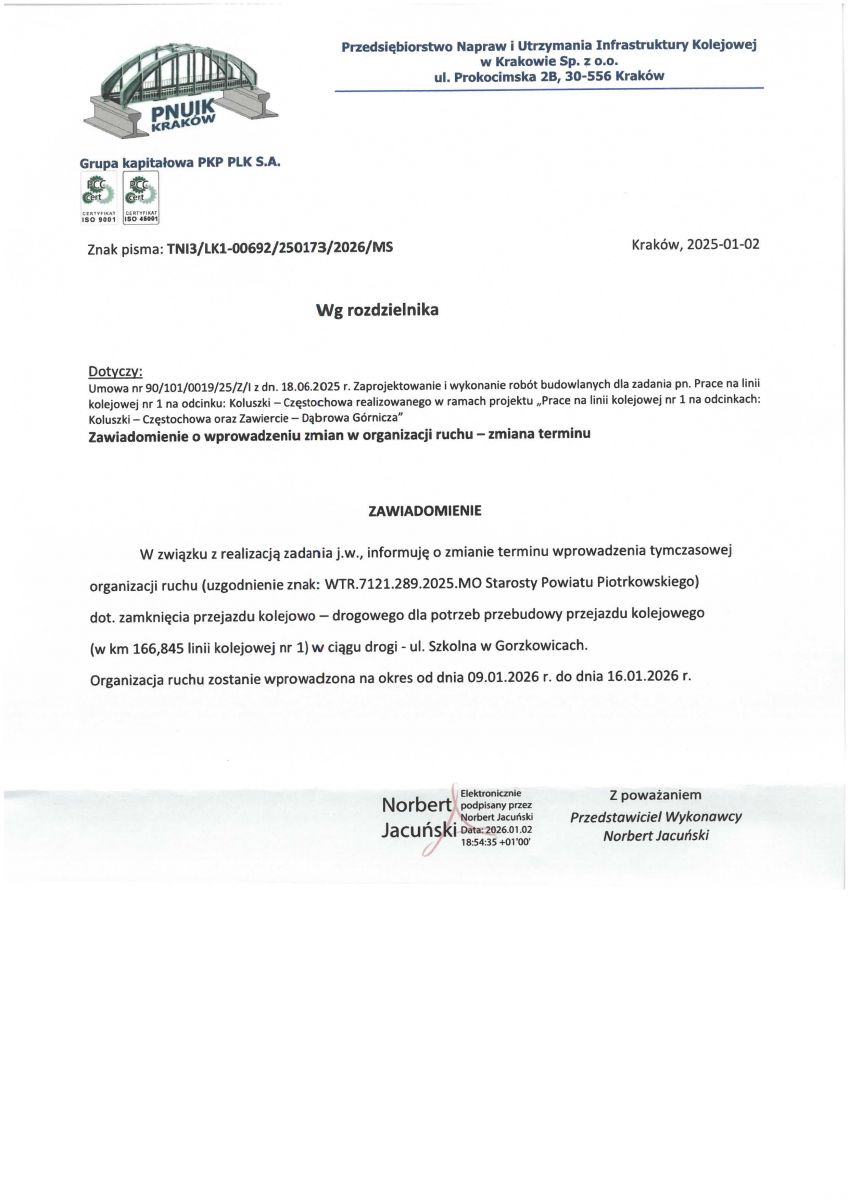 Uwaga! Zmiana terminu tymczasowej organizacji ruchu