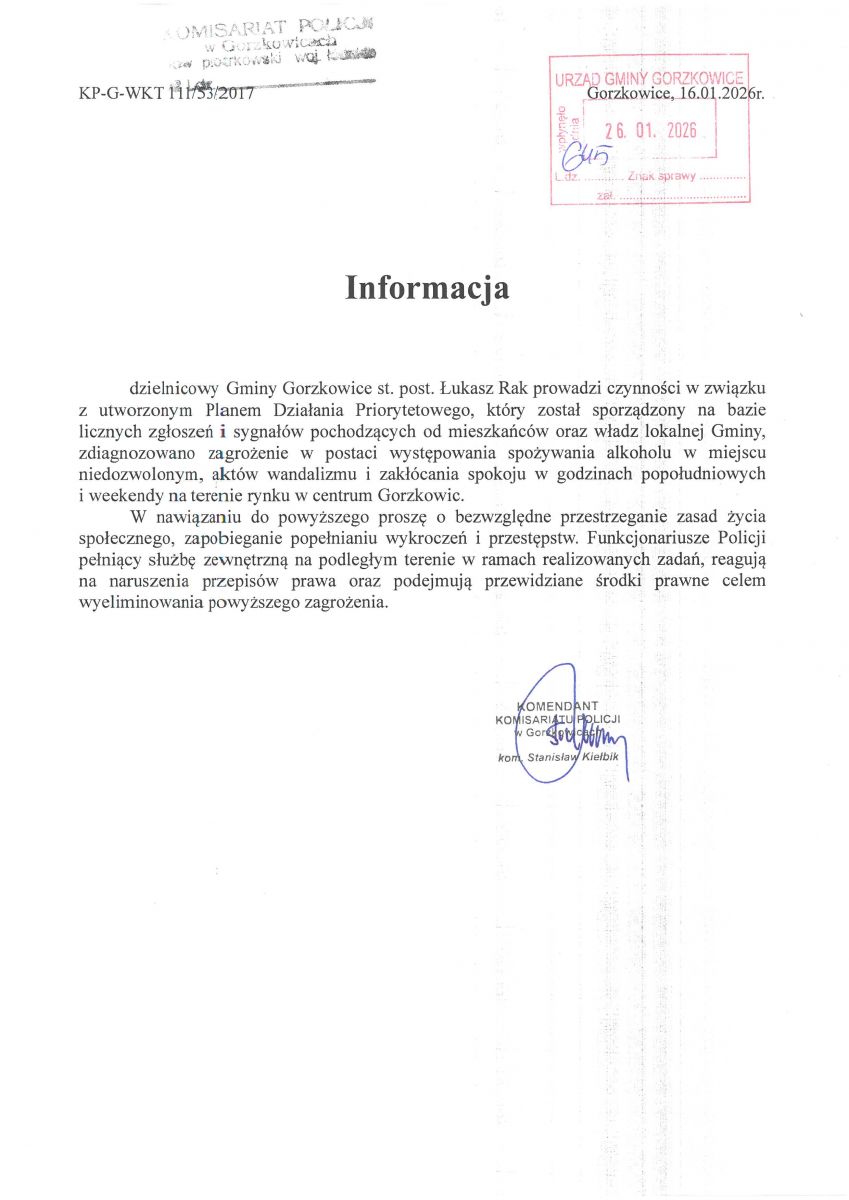 Informacja Komisariatu Policji w Gorzkowicach dotycząca bezpieczeństwa i porządku publicznego.